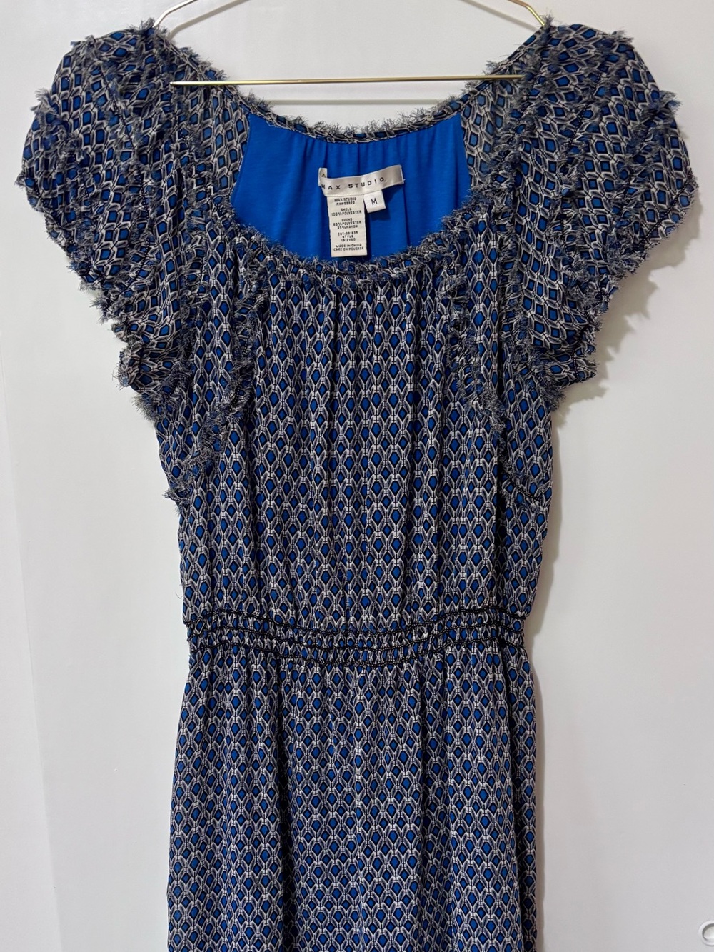 Max Studio| Blue & White Geometric Print Smocked Waist Flowy Mini Dress Sz M